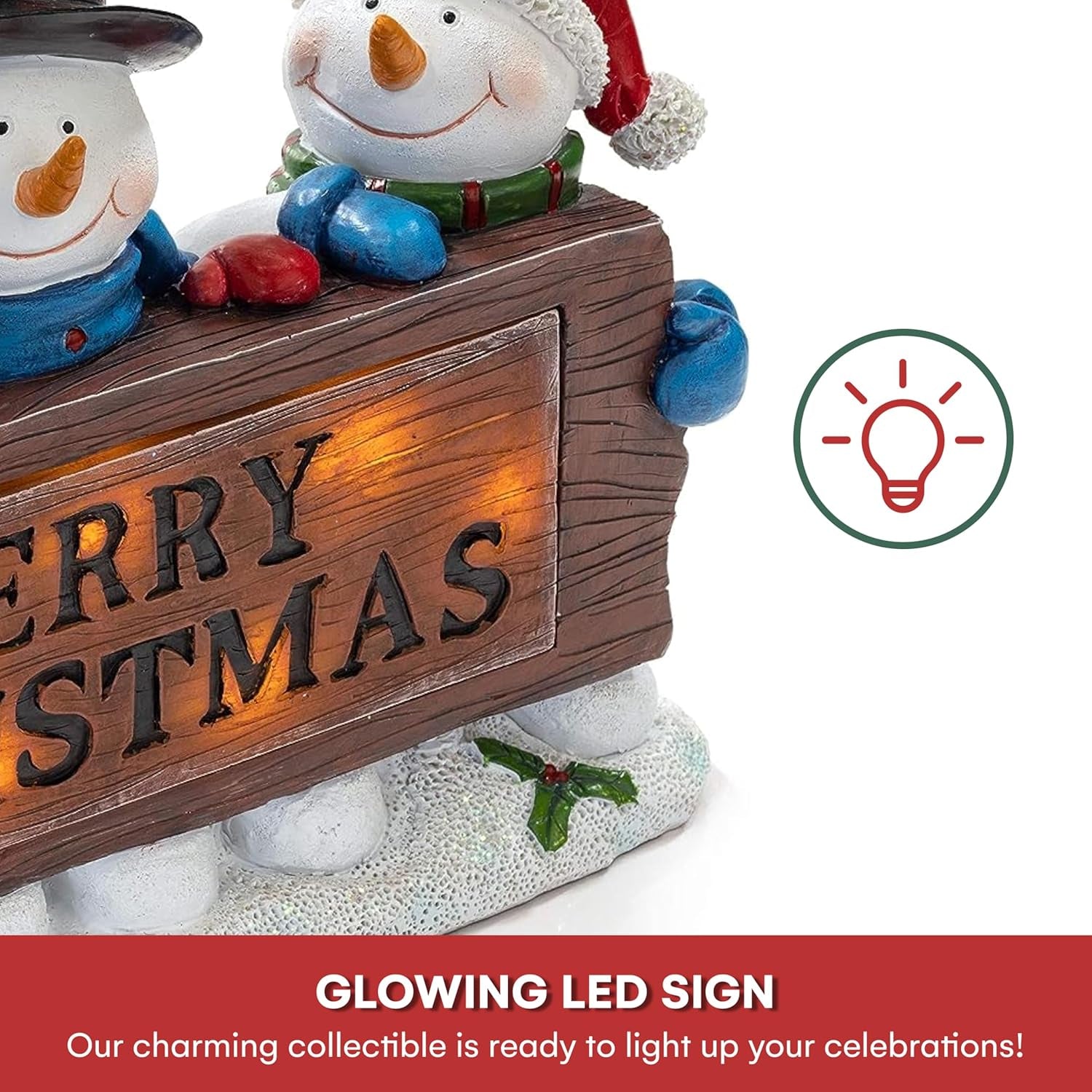 Christmas Snowman Decor Lighted Resin Figurines - Indoor LED Lamp Post Glowing Merry Christmas Wood Trio - Festive Holiday Decoration, Battery Operated, Fiber Optic Accents - 11.5X3X9 Inches