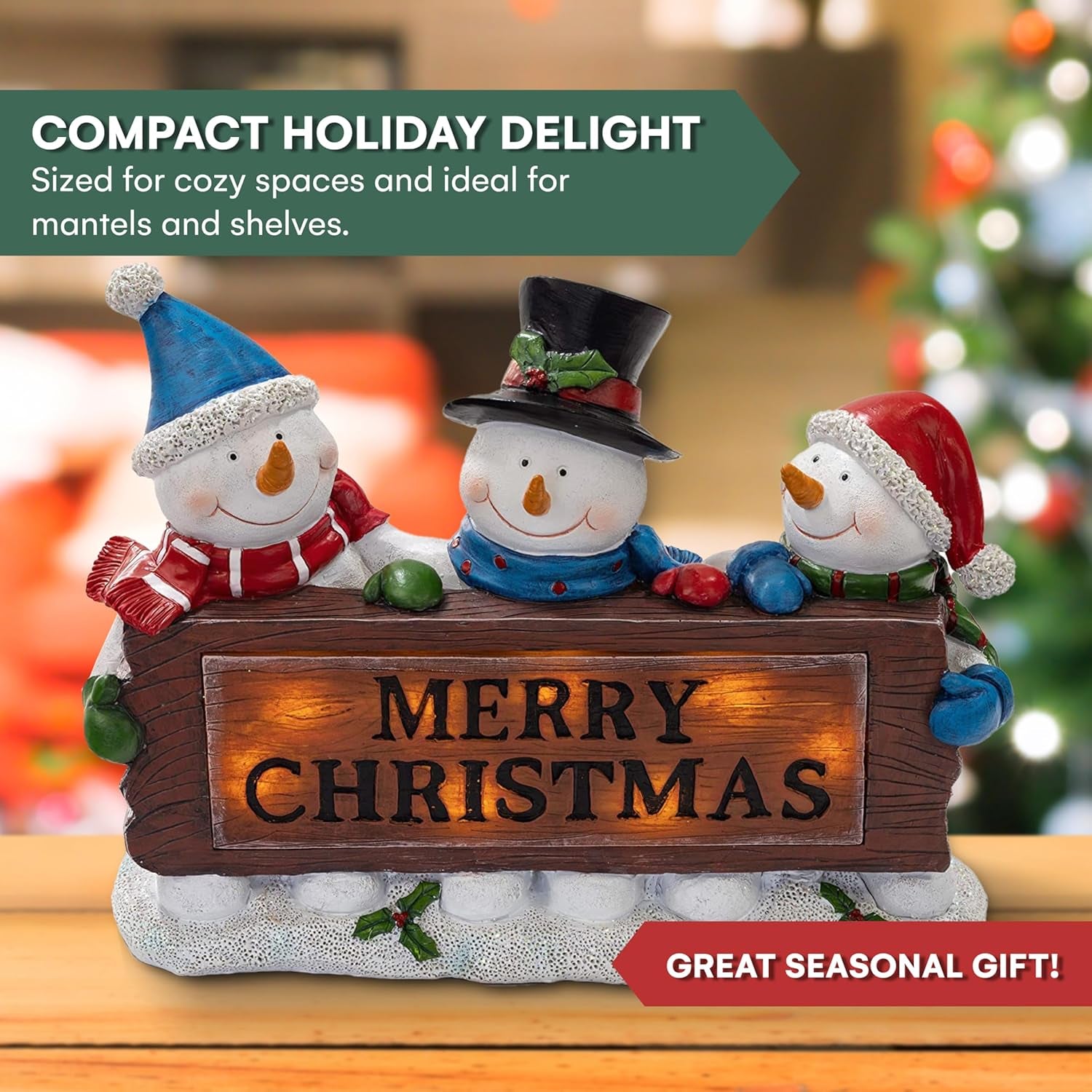 Christmas Snowman Decor Lighted Resin Figurines - Indoor LED Lamp Post Glowing Merry Christmas Wood Trio - Festive Holiday Decoration, Battery Operated, Fiber Optic Accents - 11.5X3X9 Inches