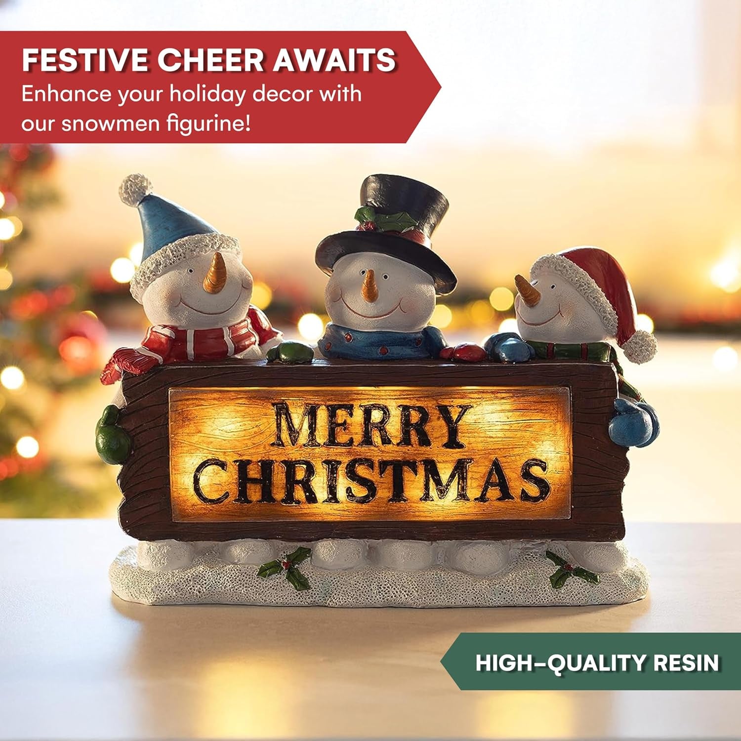 Christmas Snowman Decor Lighted Resin Figurines - Indoor LED Lamp Post Glowing Merry Christmas Wood Trio - Festive Holiday Decoration, Battery Operated, Fiber Optic Accents - 11.5X3X9 Inches