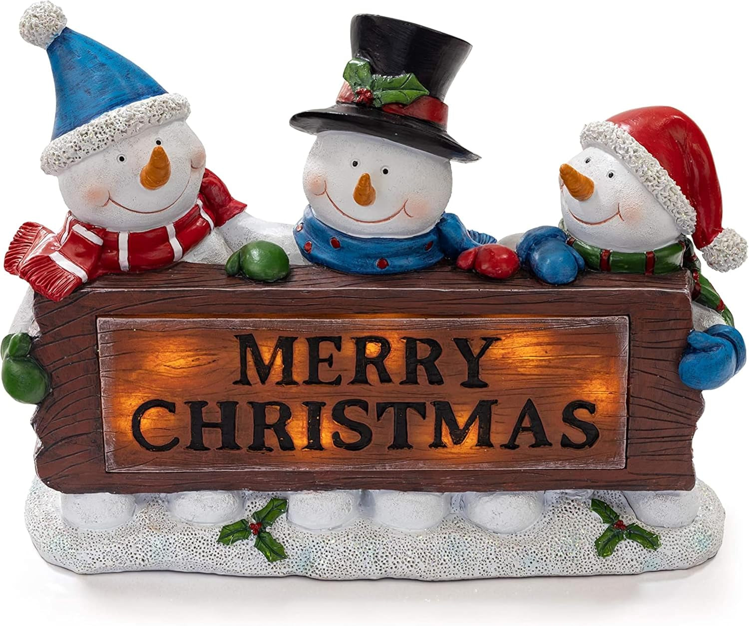 Christmas Snowman Decor Lighted Resin Figurines - Indoor LED Lamp Post Glowing Merry Christmas Wood Trio - Festive Holiday Decoration, Battery Operated, Fiber Optic Accents - 11.5X3X9 Inches
