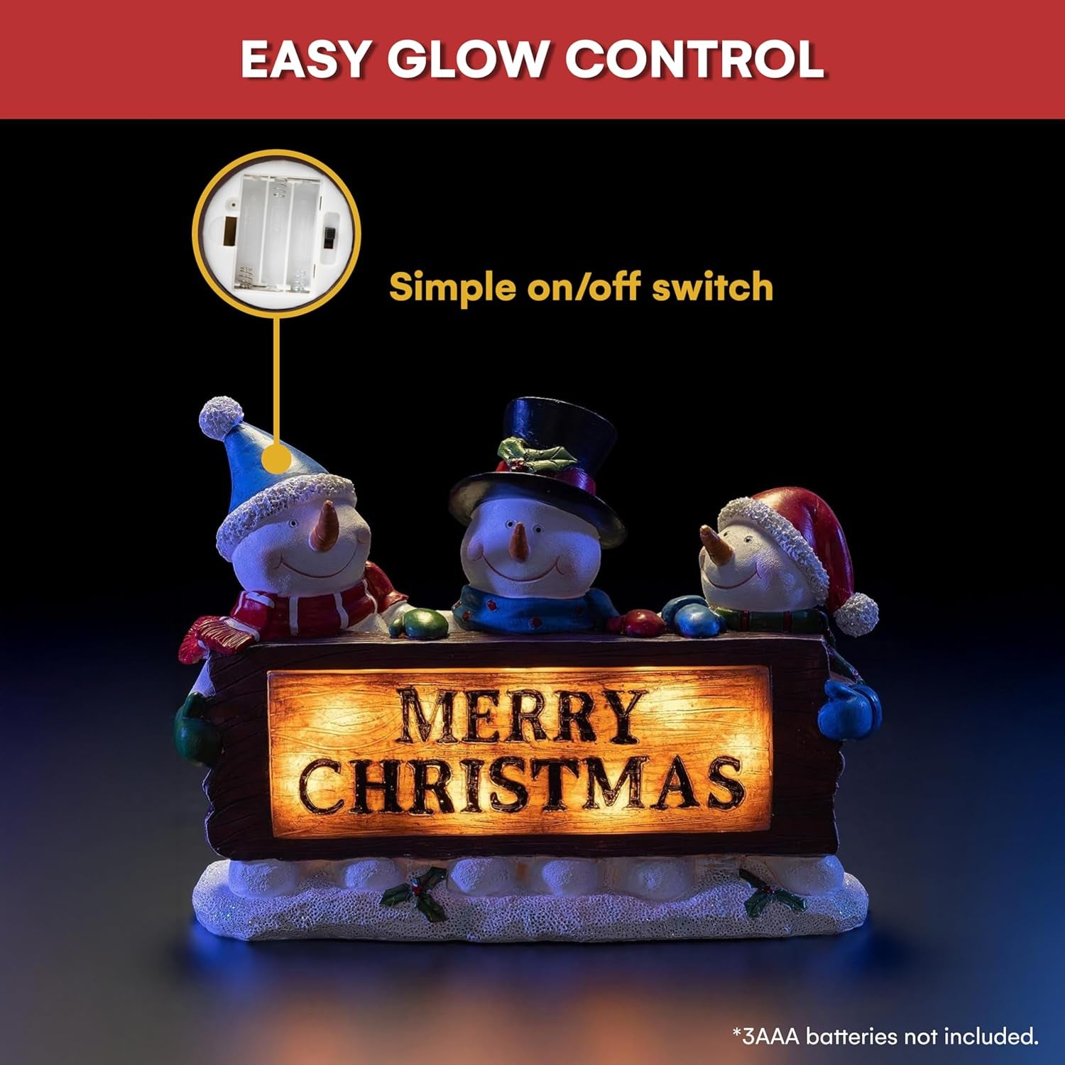 Christmas Snowman Decor Lighted Resin Figurines - Indoor LED Lamp Post Glowing Merry Christmas Wood Trio - Festive Holiday Decoration, Battery Operated, Fiber Optic Accents - 11.5X3X9 Inches