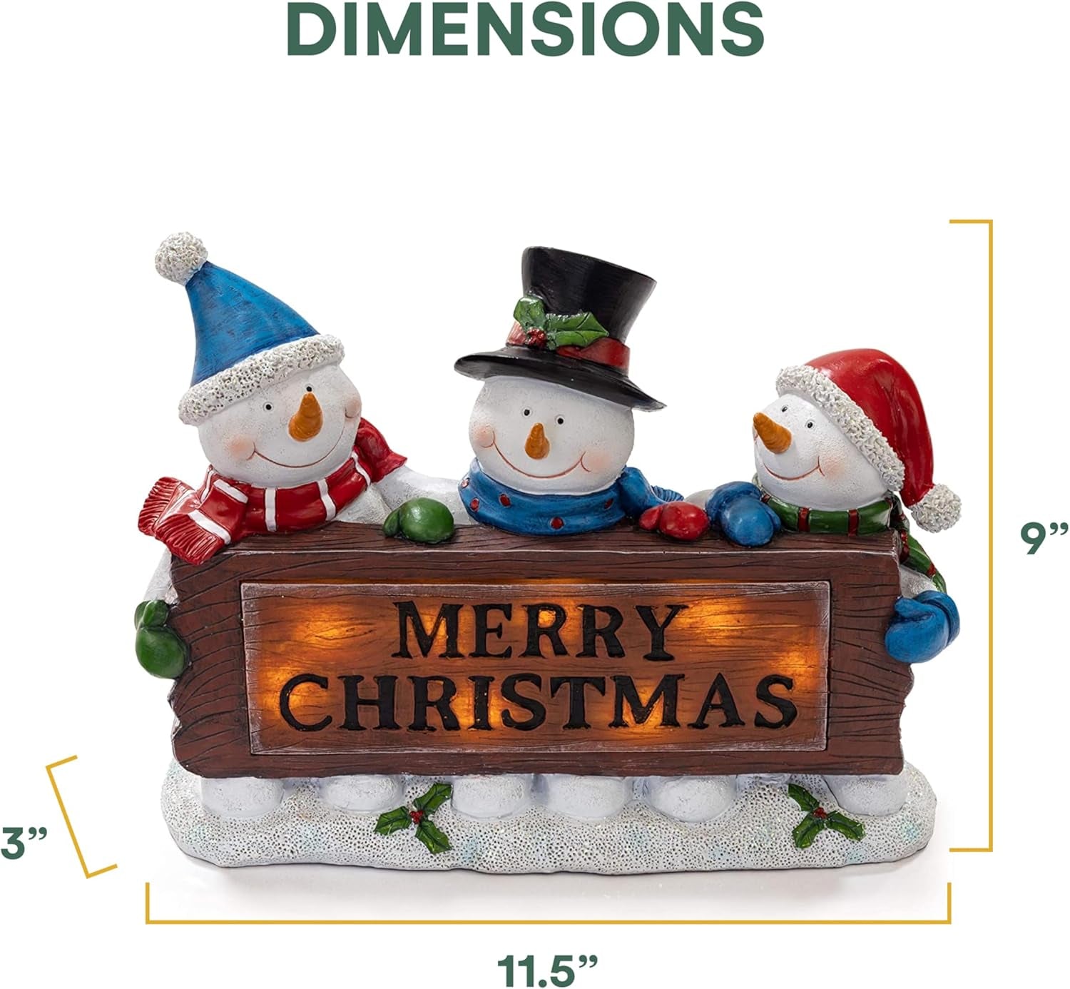 Christmas Snowman Decor Lighted Resin Figurines - Indoor LED Lamp Post Glowing Merry Christmas Wood Trio - Festive Holiday Decoration, Battery Operated, Fiber Optic Accents - 11.5X3X9 Inches